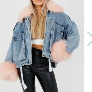 Chic Denim Jacket with Pink Faux Fur Accents